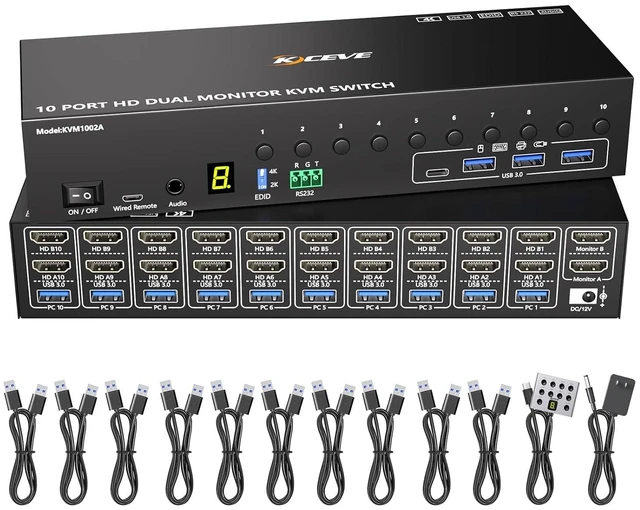 Main image of 10 Port 8 Port HDMI KVM Switch 2 Monitors 10 Computers EDID Emulation