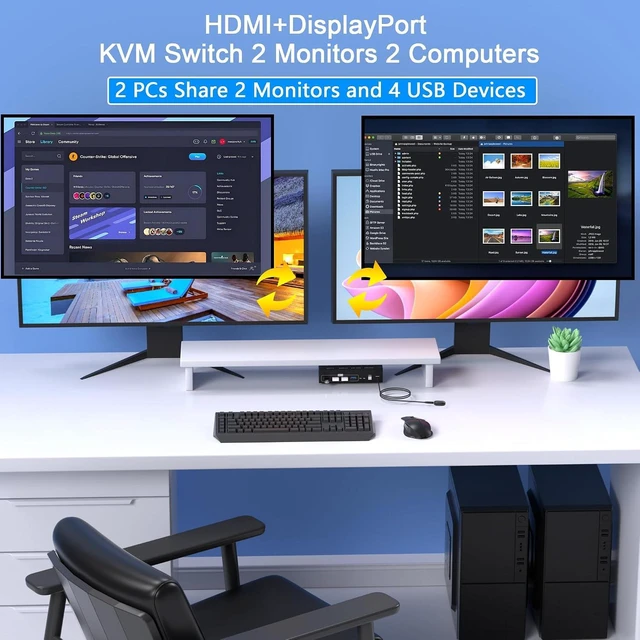 Alt view image 2 of 7 - HDMI DisplayPort KVM Switch 2 Monitors 2 Computers, 4K@60Hz USB KVM Switch