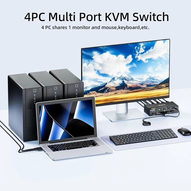 Alt view image 2 of 7 - KVM Switch 4 Computers 1 Monitors 4K@60Hz,4 Port KVM Sharing 1 Monitor and 4 USB 3.0 Devices Such as Keyboard Mouse Printer,with Power Adapter and Wired Remote