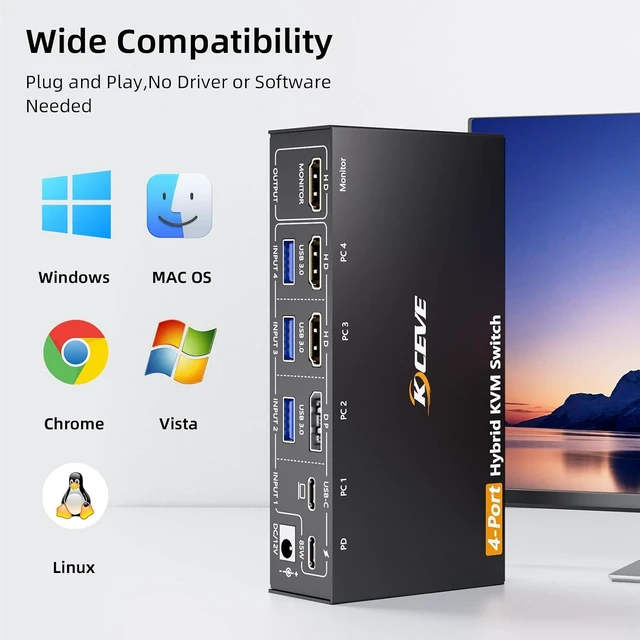 Alt view image 7 of 7 - KVM Switch 4 Computers 1 Monitors 4K@60Hz,4 Port KVM Sharing 1 Monitor and 4 USB 3.0 Devices Such as Keyboard Mouse Printer,with Power Adapter and Wired Remote