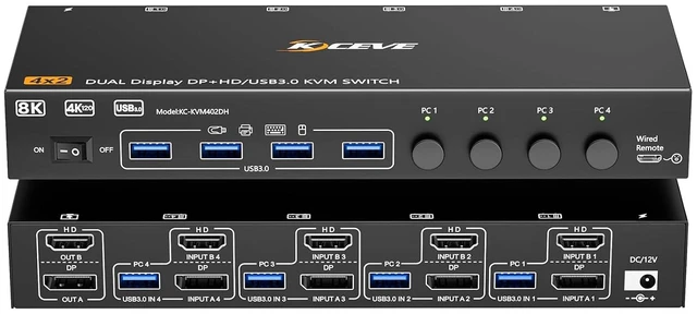 Main image of 4 Port HDMI Displayport KVM Switch 4 Computers 2 Monitors, 8K@60Hz/4K@144Hz Dual Monitor KVM Switch Share 4 USB 3.0 Devices, Mirror/Extended Mode, with Wired Remote and Power Adapter