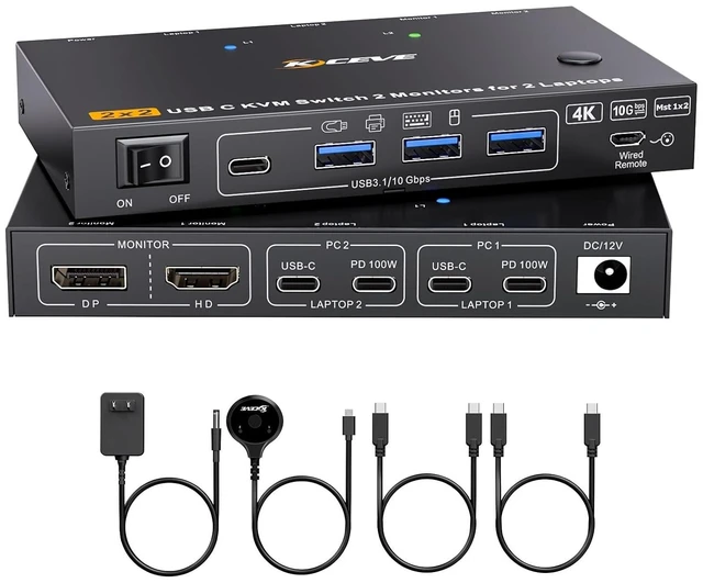 Main image of KCEVE USB C KVM Switch 2 Monitors for 2 Laptops, MST, 100W PD