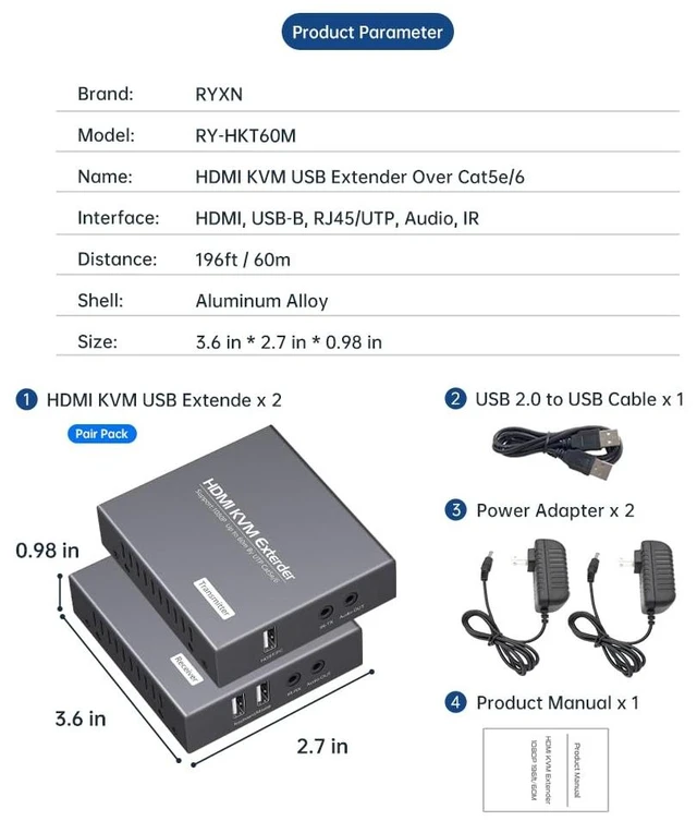 Alt view image 7 of 7 - HDMI KVM Extender Over Cat5e/6 1080P Transmits Up to 196ft/60m, with 2 USB Ports Supports Mouse and Keyboard Remote Control, Feature Audio Extractor Function
