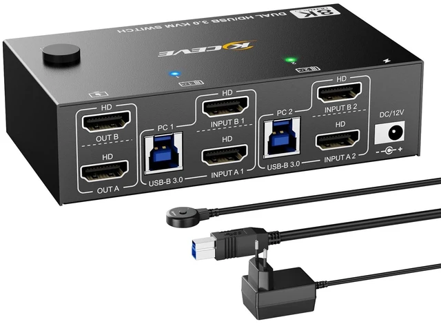 Main image of HDMI KVM Switch 2 Computers 2 Monitor 8K@60Hz, USB3.0 KVM Switches for 2 PC Share 2 Monitor and USB3.0 Devices, with USB Cables,Controller and Power Adapter