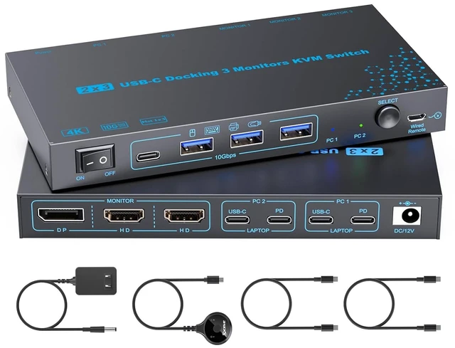 Main image of KVM Switch 3 Monitors 2 Laptops, 4K@60Hz USB C Dual Monitor KVM Switcher with PD Charging Function for 2 Computer Share 3 Display-2 HDMI + 1 DP, No Driver Required
