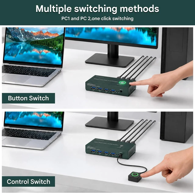Alt view image 5 of 7 - Displayport KVM Switch 1 Monitor 2 Computers, 8K@60Hz 4K@240Hz 2K@480HZ High Refresh Rate,4xUSB 3.0 Dual Monitor DP KVM Switch for 2 PCs Share 1 Monitors for FPS/ARPG Gaming