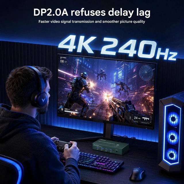 Alt view image 7 of 7 - Displayport KVM Switch 1 Monitor 2 Computers, 8K@60Hz 4K@240Hz 2K@480HZ High Refresh Rate,4xUSB 3.0 Dual Monitor DP KVM Switch for 2 PCs Share 1 Monitors for FPS/ARPG Gaming