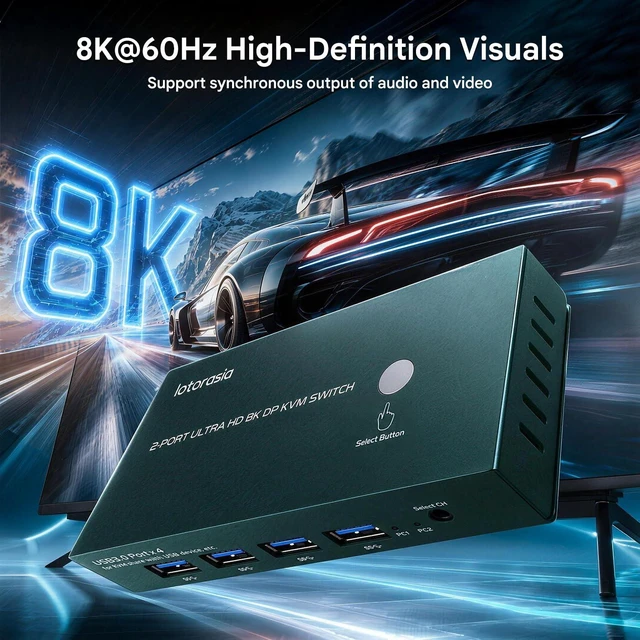 Alt view image 6 of 7 - Displayport KVM Switch 1 Monitor 2 Computers, 8K@60Hz 4K@240Hz 2K@480HZ High Refresh Rate,4xUSB 3.0 Dual Monitor DP KVM Switch for 2 PCs Share 1 Monitors for FPS/ARPG Gaming