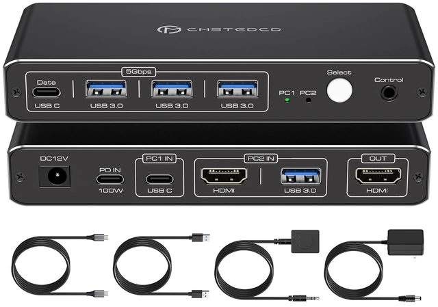 Main image of KVM Switch 1 Monitors 2 Computers 4K@60Hz USB C HDMI KVM Switch 2 Port for 1 Laptop 1 Desktop Share 1 Monitor Keyboard Mouse Hard Drives Printer Support 100W Charging for Laptop