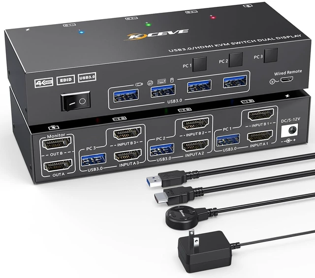 Main image of KVM Switch 3 Computers 2 Monitors HDMI, KCEVE 4K@60Hz Dual Monitor USB 3.0 KVM Switcher with EDID Emulator, Support Copy and Extended Display, for 3 Computers Share 2 Displays and 4 USB Devices