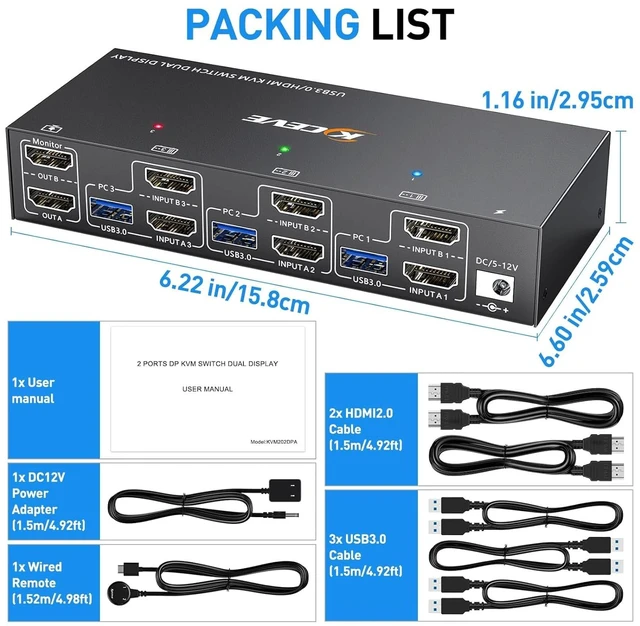 Alt view image 7 of 7 - KVM Switch 3 Computers 2 Monitors HDMI, KCEVE 4K@60Hz Dual Monitor USB 3.0 KVM Switcher with EDID Emulator, Support Copy and Extended Display, for 3 Computers Share 2 Displays and 4 USB Devices