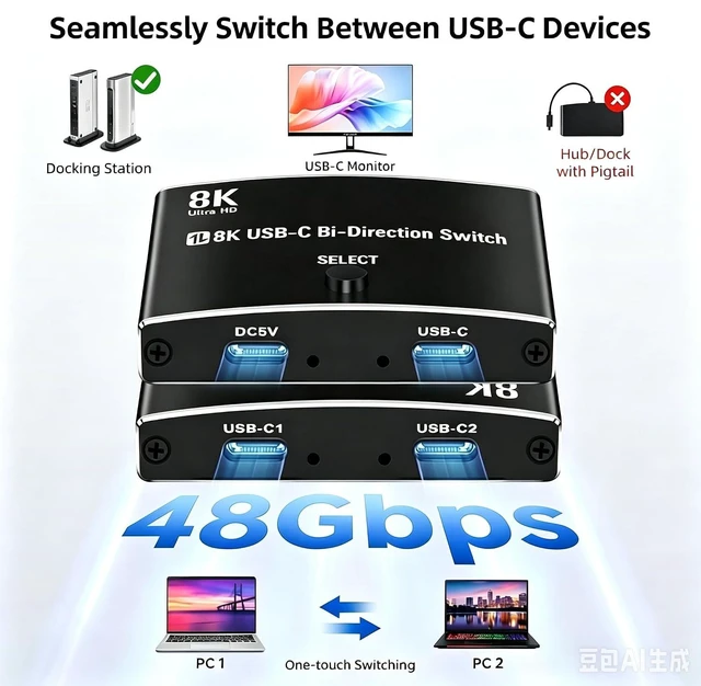 Alt view image 5 of 7 - 40Gbps USB C Switch for 2 Computers, USBC Switcher,2 USB-C Cables