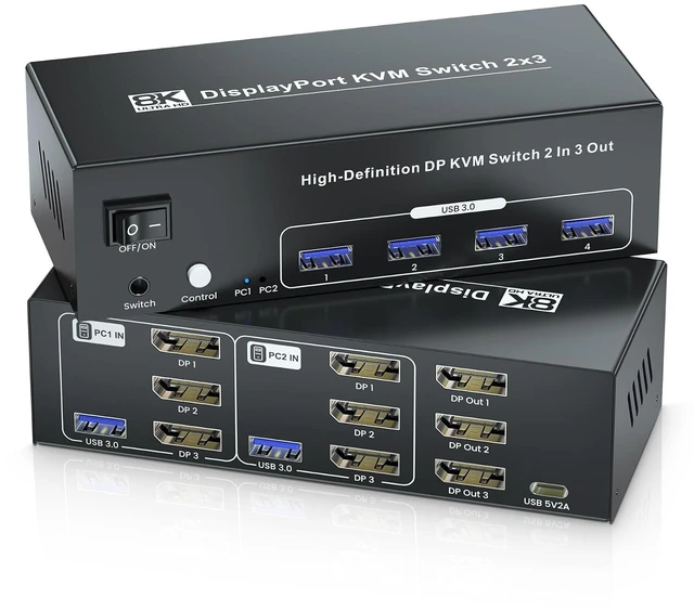 Main image of 8K60Hz 4K120Hz Displayport KVM Switch 3 Monitors 2 Computers, USB 3.0 DP KVM Switch for 2 Computers Share 1 Set of Keyboard, Mouse, Printer and 3 Monitors, 4 Port USB 3.0 for Peripheral Sharing