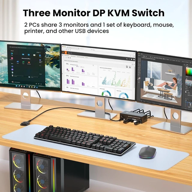 Alt view image 2 of 7 - 8K60Hz 4K120Hz Displayport KVM Switch 3 Monitors 2 Computers, USB 3.0 DP KVM Switch for 2 Computers Share 1 Set of Keyboard, Mouse, Printer and 3 Monitors, 4 Port USB 3.0 for Peripheral Sharing