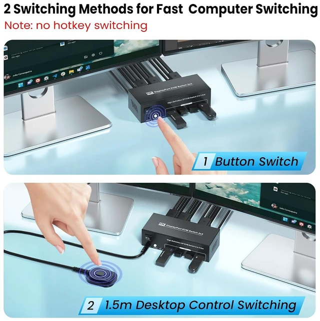 Alt view image 5 of 7 - 8K60Hz 4K120Hz Displayport KVM Switch 3 Monitors 2 Computers, USB 3.0 DP KVM Switch for 2 Computers Share 1 Set of Keyboard, Mouse, Printer and 3 Monitors, 4 Port USB 3.0 for Peripheral Sharing