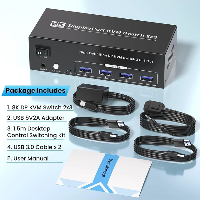Alt view image 7 of 7 - 8K60Hz 4K120Hz Displayport KVM Switch 3 Monitors 2 Computers, USB 3.0 DP KVM Switch for 2 Computers Share 1 Set of Keyboard, Mouse, Printer and 3 Monitors, 4 Port USB 3.0 for Peripheral Sharing