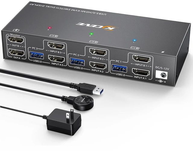 Main image of HDMI KVM Switch 2 Monitors 3 Computers with EDID Simulation, 4K@60Hz Dual Monitor KVM Switch, Includes Wired Remote, Power Adapter and HDMI Cable