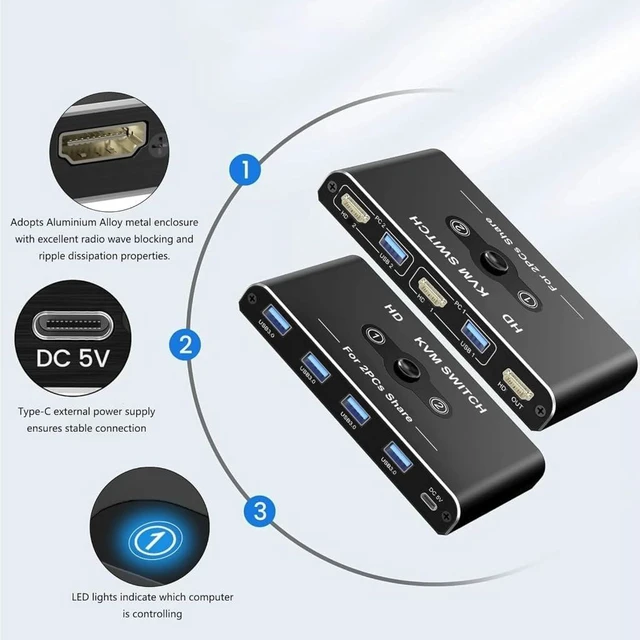 Alt view image 3 of 7 - Fast Speed KVM Switcher 4K60Hz for 2 Computers 1 Display with 4K60Hz HDTV-Compatible and USB3.0 Ports