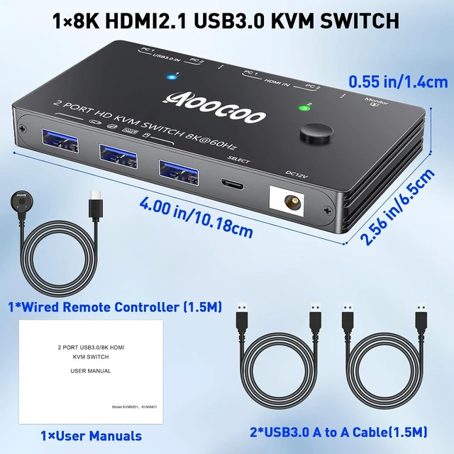 Alt view image 7 of 7 - HDMI2.1 KVM Switch 2 Computers 1 Monitor 8K@60Hz, USB3.0 HDMI KVM Switches for 2 PC Share 1 Monitor and 3 USB3.0 Devices, with USB Cables,Controller and Power Adapter