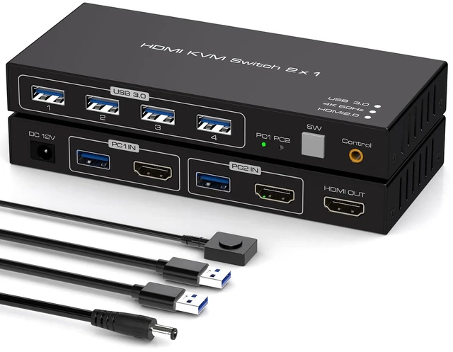 Main image of HDMI KVM Switch 1 Monitor 2 Computers 4K@60Hz KVM Switches with 4 USB 3.0 Hub Ports External Switch Button