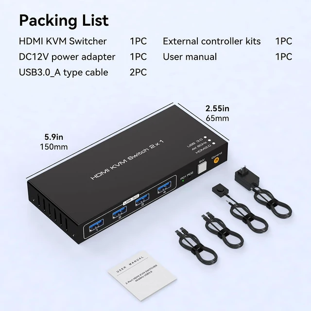 Alt view image 7 of 7 - HDMI KVM Switch 1 Monitor 2 Computers 4K@60Hz KVM Switches with 4 USB 3.0 Hub Ports External Switch Button