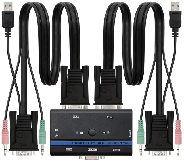 Main image of 1U-2PC USB VGA KVM Switch with Cables Allows You to Control 2 PCs from a Single Unit Compact and efficient for Multi-Computer Management.