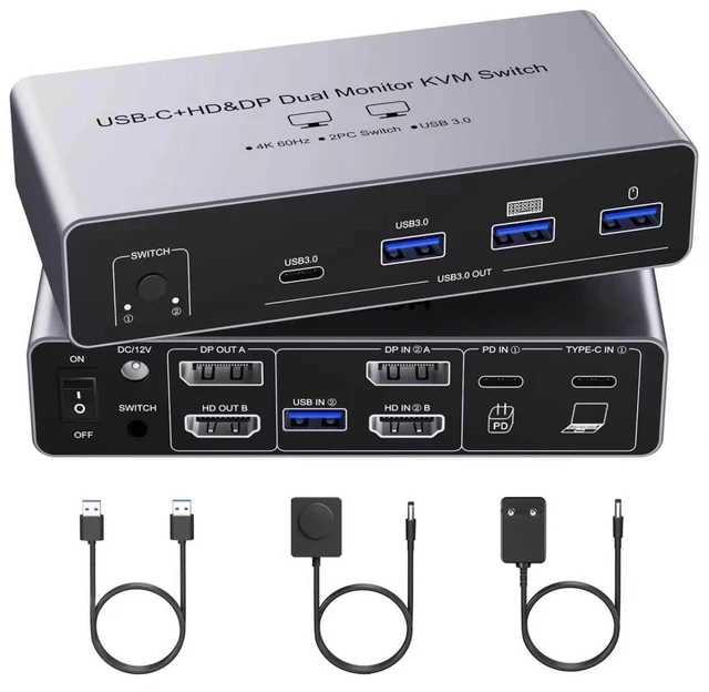 Main image of USB C KVM Switch 2 Monitors for 1 Laptop 1 Desktop, 4K@60Hz Dual Monitors HDMI + DP KVM Switch for 4 USB 3.0 Ports,Docking Station KVM Switches, PD Charging,with Wired Remote Control and USB Cable