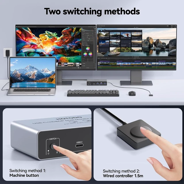 Alt view image 6 of 7 - USB C KVM Switch 2 Monitors for 1 Laptop 1 Desktop, 4K@60Hz Dual Monitors HDMI + DP KVM Switch for 4 USB 3.0 Ports,Docking Station KVM Switches, PD Charging,with Wired Remote Control and USB Cable