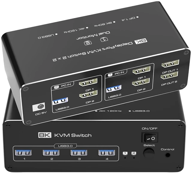 Main image of KVM Switch 2 Monitors 2 Computers, 8K@60Hz KVM Switch DisplayPort Extended Display, KVM Switches for 2 Computers Sharing 2 Monitor, USB 3.0 Devices Such as Keyboard, Printer, Scanner, Mouse