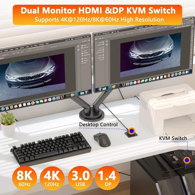 Alt view image 5 of 7 - KVM Switch 2 Monitors 2 Computers, 8K@60Hz KVM Switch DisplayPort Extended Display, KVM Switches for 2 Computers Sharing 2 Monitor, USB 3.0 Devices Such as Keyboard, Printer, Scanner, Mouse