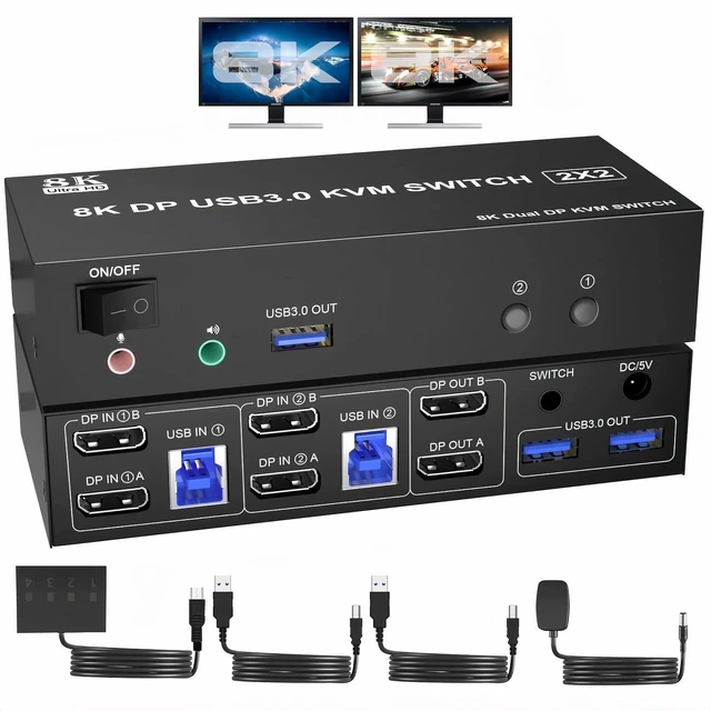 Main image of 8K KVM Switch 2 Computers 2 Monitors, HDMI & DP 2 8K KVM Switch 2 Computers 2 Monitors, HDMI & DP 2 In 2 Out, 4 USB 3.0 Ports, Support Copy/Extended Mode, Wired Remote Control