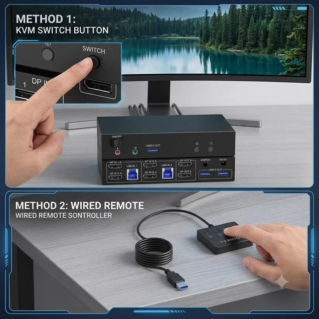 Alt view image 2 of 5 - 8K KVM Switch 2 Computers 2 Monitors, HDMI & DP 2 8K KVM Switch 2 Computers 2 Monitors, HDMI & DP 2 In 2 Out, 4 USB 3.0 Ports, Support Copy/Extended Mode, Wired Remote Control
