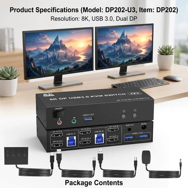 Alt view image 3 of 5 - 8K KVM Switch 2 Computers 2 Monitors, HDMI & DP 2 8K KVM Switch 2 Computers 2 Monitors, HDMI & DP 2 In 2 Out, 4 USB 3.0 Ports, Support Copy/Extended Mode, Wired Remote Control
