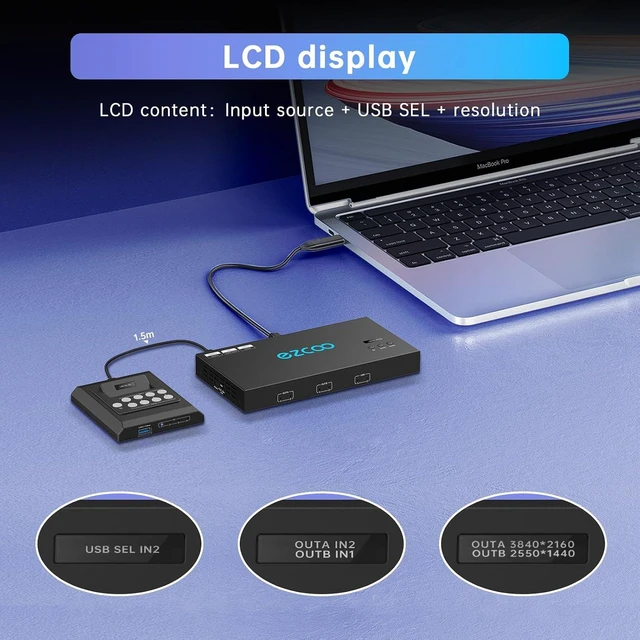 Alt view image 7 of 7 - HDMI 2.0 Dual Monitor 4K@60Hz KVM Switch 2x1 for 2PC Share 2 Displays and 4 USB 3.0 Ports SPDIF L/R Audio,Copy/Extended Mod compatibile with Windows, Unix and Mac OS X