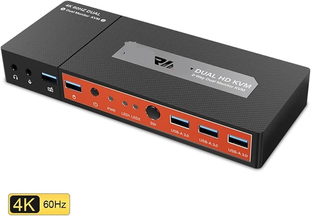 Alt view image 2 of 3 - USB HDMI KVM Switcher 4K 60hz Extender Dual Monitor 4 PC 2 Out for Mouse Keyboard(Orange,UK Plug)