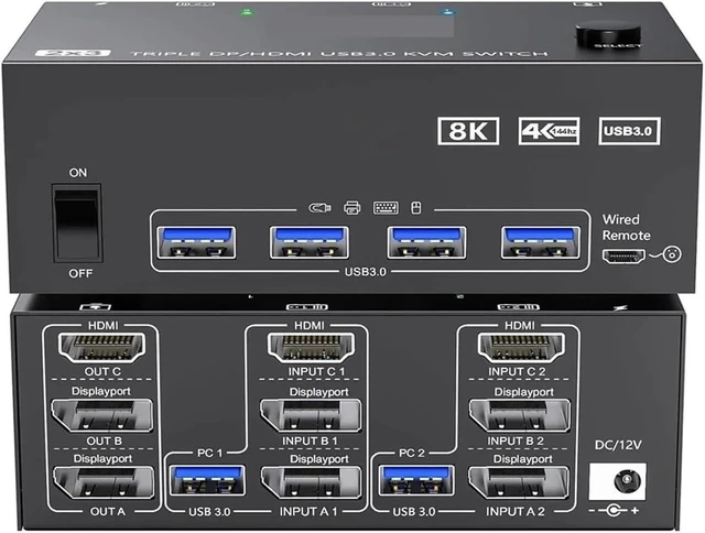 Main image of USB Charger Station, KVM Switch 3 Monitors 2 Computers 8K@60Hz 4K@144Hz Triple USB3.0