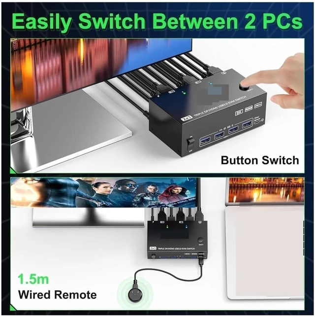 Alt view image 4 of 4 - USB Charger Station, KVM Switch 3 Monitors 2 Computers 8K@60Hz 4K@144Hz Triple USB3.0