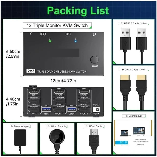 Alt view image 3 of 4 - USB Charger Station, KVM Switch 3 Monitors 2 Computers 8K@60Hz 4K@144Hz Triple USB3.0