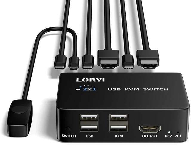 Main image of 8K@60Hz USB KVM Switch HDMI 2.1, 1 Monitor 2 Computers; 4K@120Hz USB Switcher HDMI 2.0 with Remote Control, 2 Input 1 Output, 4 USB 2.0 Ports, 2 USB Cables and 1 Desktop Controller