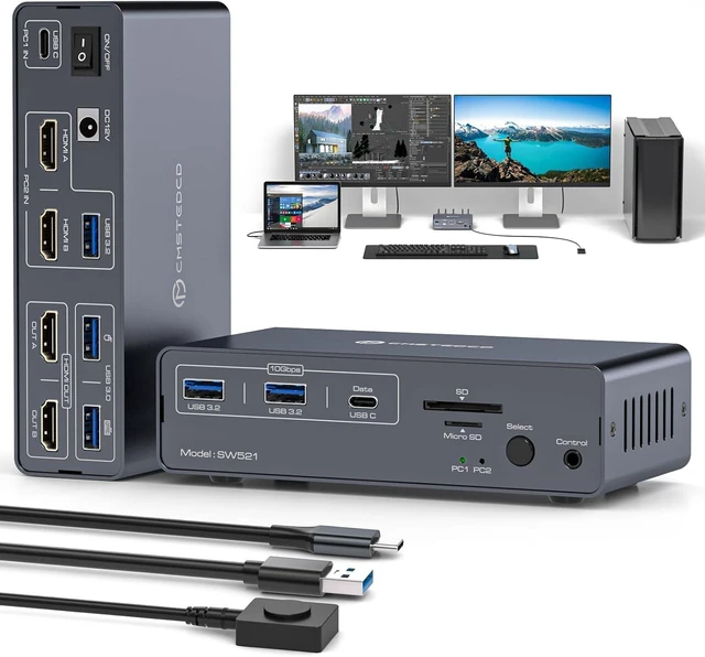 Main image of HDMI Kvm Switch 2 Monitors 1 Desktop 1 Laptop 4K@60Hz USB C Dual Monitor EDID KVM Switches for 2 Computers Share Docking Station with 13-in-1 Hub MST SST 5 USB A/C 10Gbps SD Card Dual HDMI Display