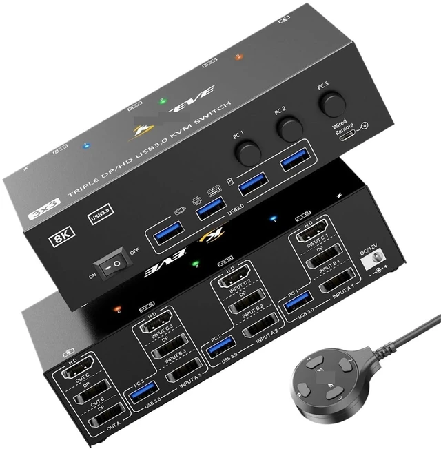 Main image of KVM Switch 3 Computers 3 Monitors HDMI USB 3.0 KVM Switcher 8K@60Hz/4k@144Hz Triple Monitor KVM(EU Power Adaper)