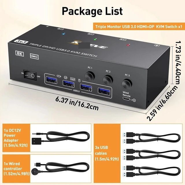 Alt view image 2 of 6 - KVM Switch 3 Computers 3 Monitors HDMI USB 3.0 KVM Switcher 8K@60Hz/4k@144Hz Triple Monitor KVM(EU Power Adaper)