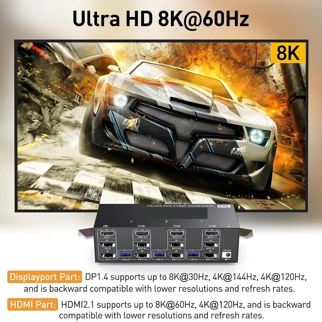 Alt view image 6 of 6 - KVM Switch 3 Computers 3 Monitors HDMI USB 3.0 KVM Switcher 8K@60Hz/4k@144Hz Triple Monitor KVM(EU Power Adaper)