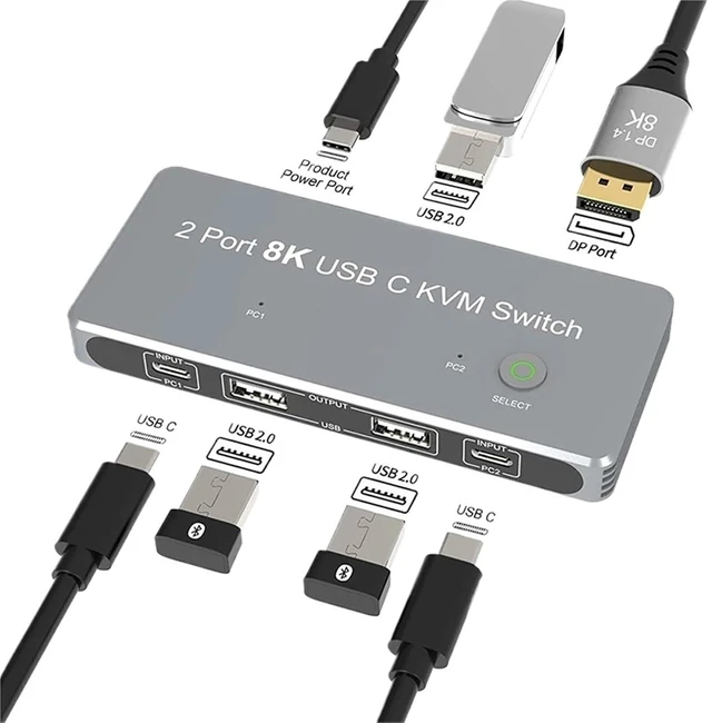 Main image of 8K USB-C KVM Switch DP1.4 2USB-C 2PC Input 1 DisplayPort Output 8K@60Hz 4K@144Hz USB KVM Switcher