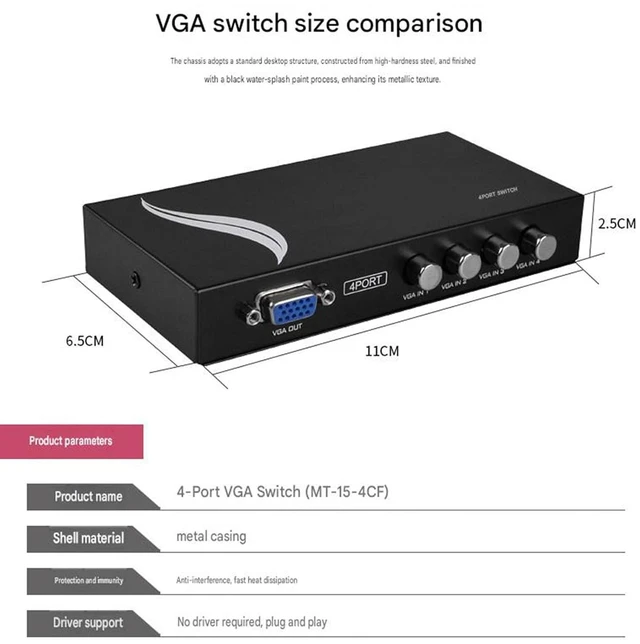 Alt view image 2 of 7 - VGA Switcher, 2 Inputs 1 Output / 4 Inputs 1 Output, for Computer Monitoring Video KVM Switch, Shared Monitor Switching with Two-Way Button(4 Ports)