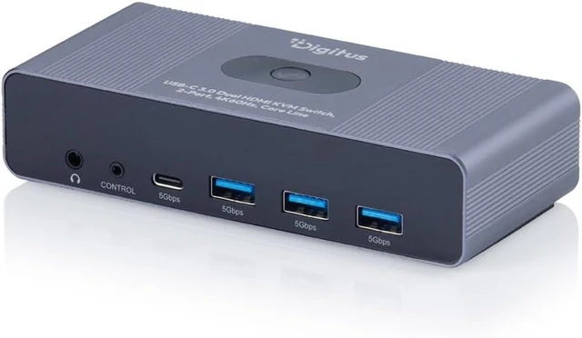 Main image of DIGITUS DS-12856 USB-C KVM Switch 2 PCs, 2 Monitors 3x USB-A, 1x Type-C 5 Gbit/s 2x HDMI 2.0 UltraHD 4K 60Hz per system 3.5 mm jack Wired remote control Grey
