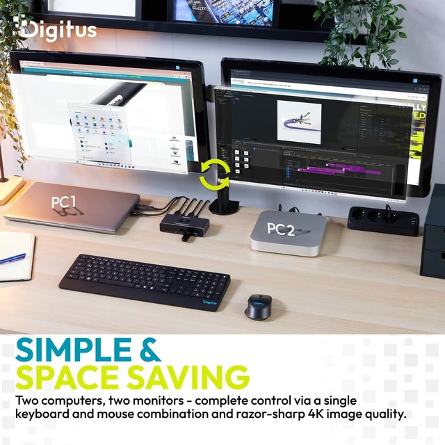 Alt view image 2 of 4 - DIGITUS DS-12856 USB-C KVM Switch 2 PCs, 2 Monitors 3x USB-A, 1x Type-C 5 Gbit/s 2x HDMI 2.0 UltraHD 4K 60Hz per system 3.5 mm jack Wired remote control Grey