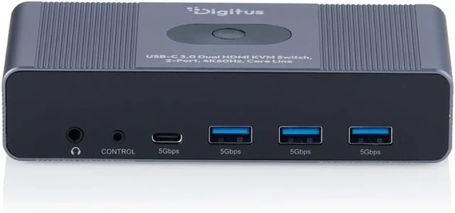Alt view image 4 of 4 - DIGITUS DS-12856 USB-C KVM Switch 2 PCs, 2 Monitors 3x USB-A, 1x Type-C 5 Gbit/s 2x HDMI 2.0 UltraHD 4K 60Hz per system 3.5 mm jack Wired remote control Grey