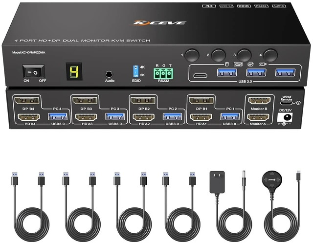 Main image of 4 Port KVM Switch 2 Monitors 4 Computers Displayport HDMI EDID Emulation Audio RS232,4K@60Hz KVM Switch 4 PC Share Dual Monitor and 4 USB 3.0 Peripherals,with Wired Remote,12V Adapter and 4 USB Cable