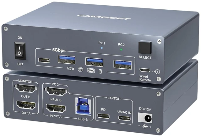 Main image of USB C KVM Switch 2 Monitors 1 Laptop 1 Desktop 4K@60Hz, HDMI Dual Monitor KVM Switch 2 Computers Share 2 Monitors and 4 USB3.0 Ports, 80W PD Charging, Wired Remote,USB-C Cable and 12V Adapter Included